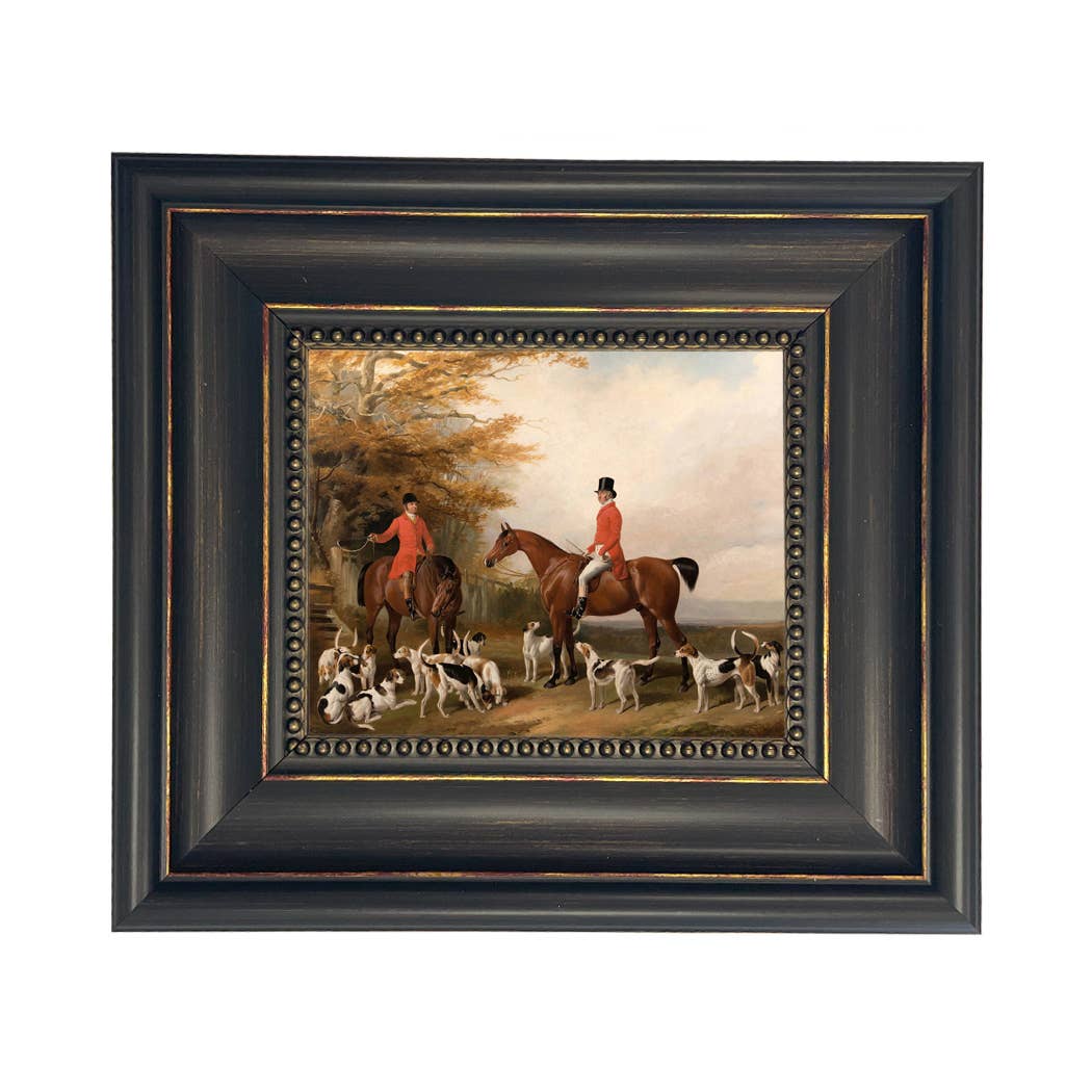 The Meeting Fox Hunt Scene Vintage Painting Print on Canvas: Gold Florentine Leaf / 8" x 10"