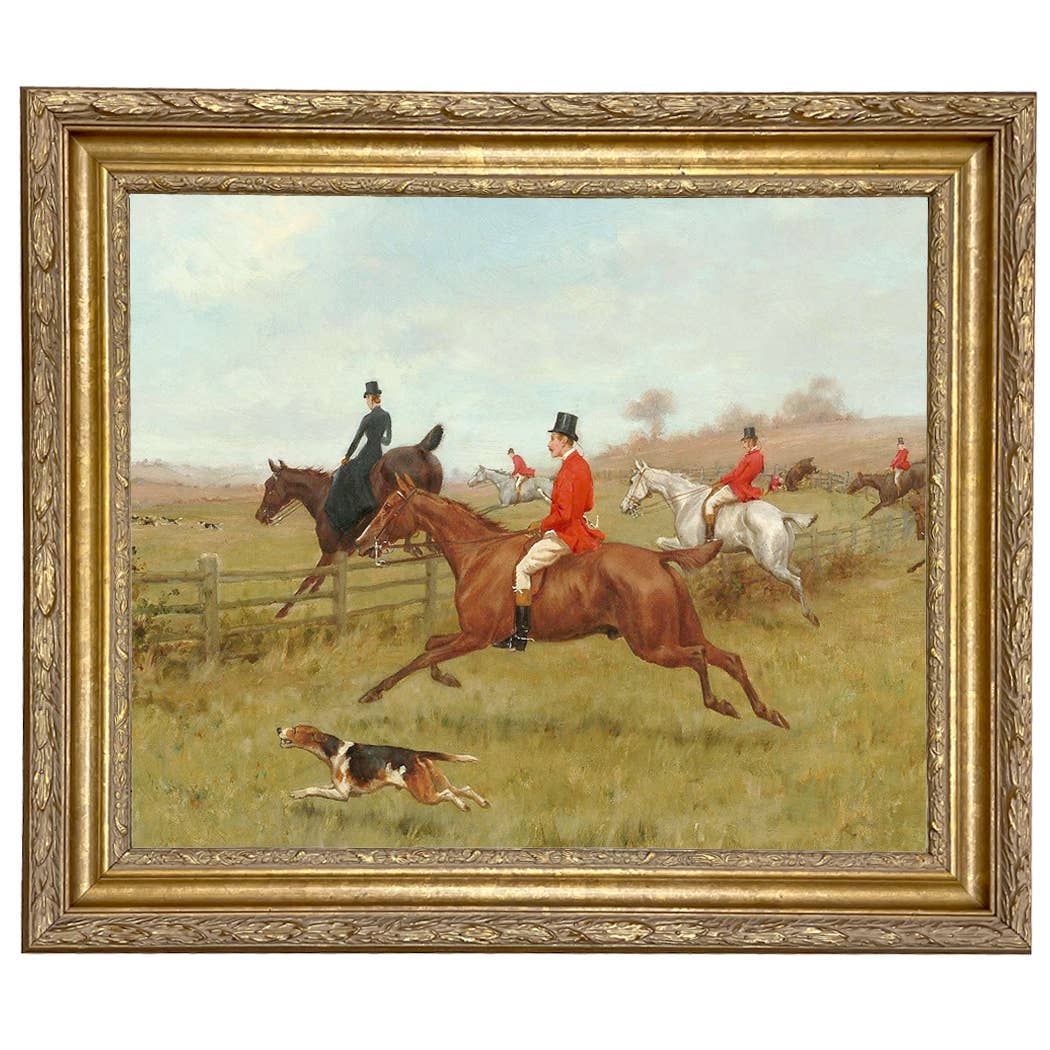 The Chase, Fox Hunting Vintage Painting Print : Antiqued Gold / 5" x 6"