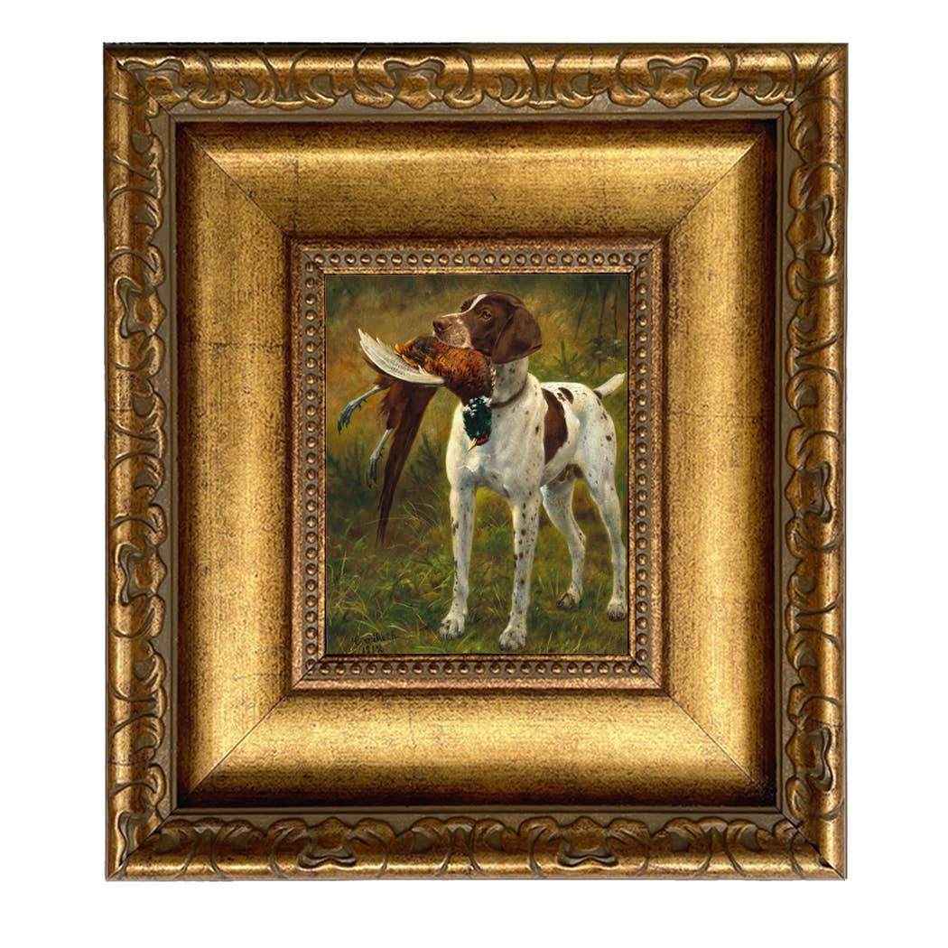English Pointer with Pheasant Painting Print on Canvas: Distressed Black / 5" x 6"