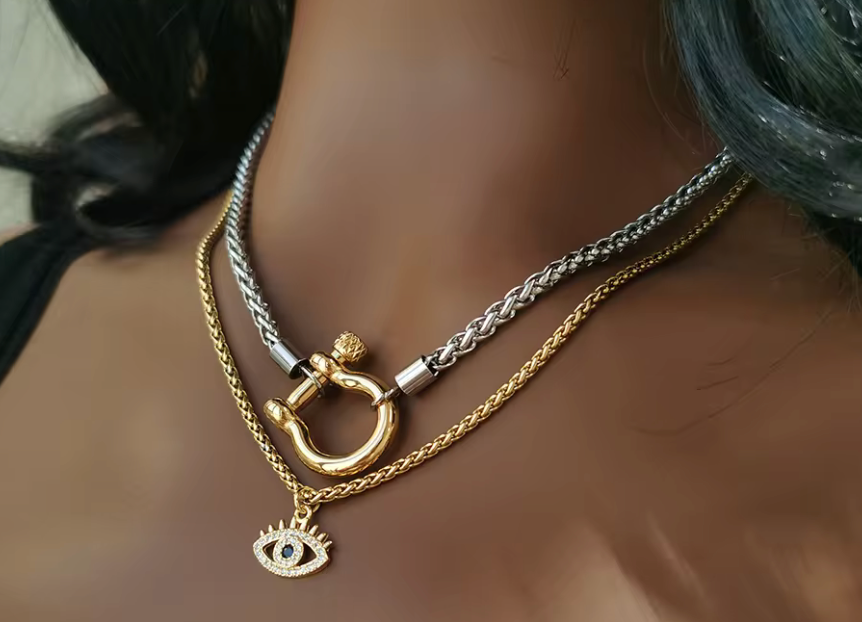Carabiner horse Bit- Charm-Wheat Chain Stainless Necklace: Yellow Gold
