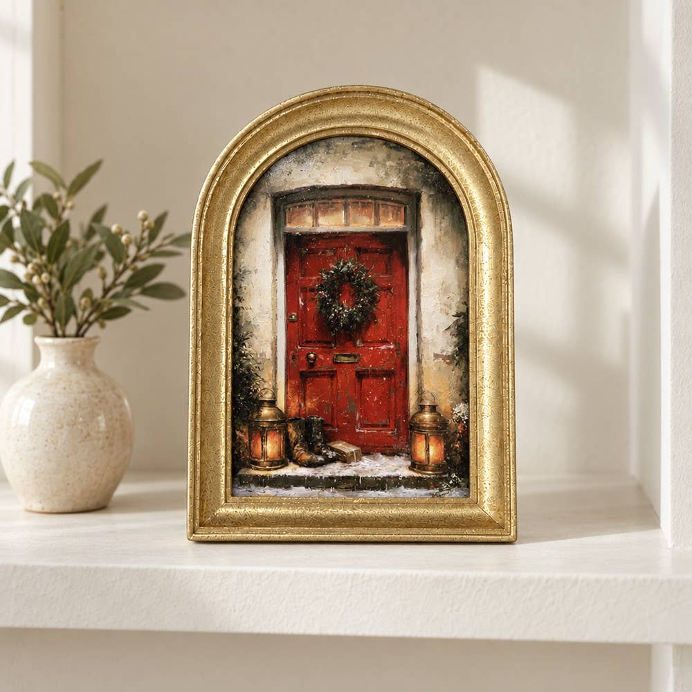 Gold Arch Framed Vintage Style Christmas Red Door Art Print
