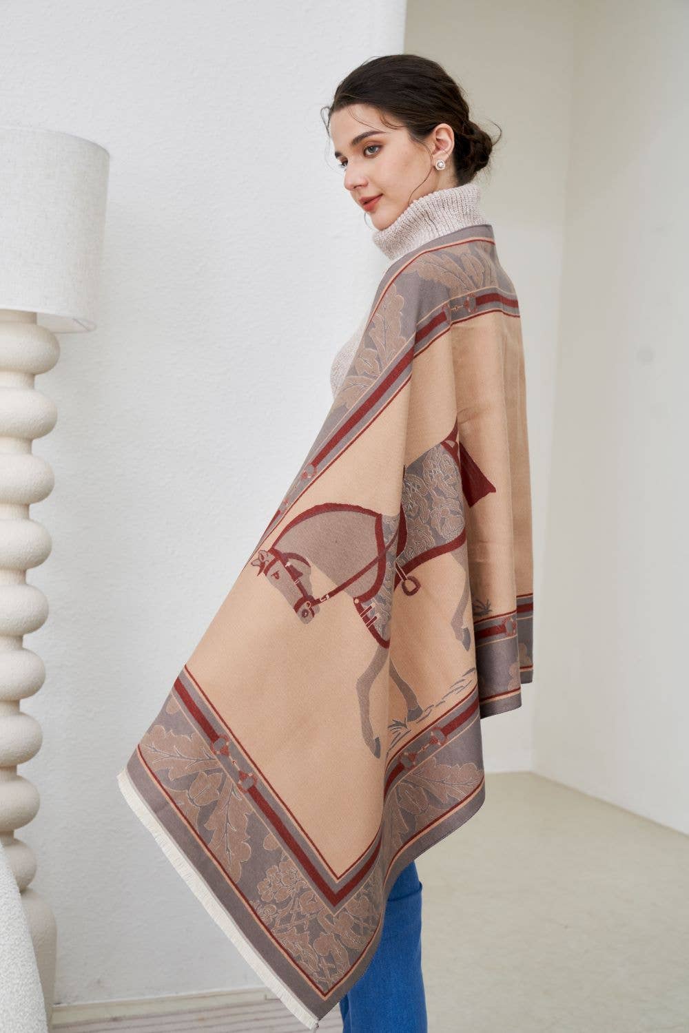 AWST Int'l Baroque Horses Acrylic Cashmere Scarf: Black