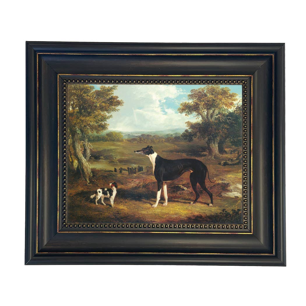 Greyhound and King Charles Spaniel Painting Print on Canvas: Wide Distressed Black/Copper-Bead / 5" x 6"