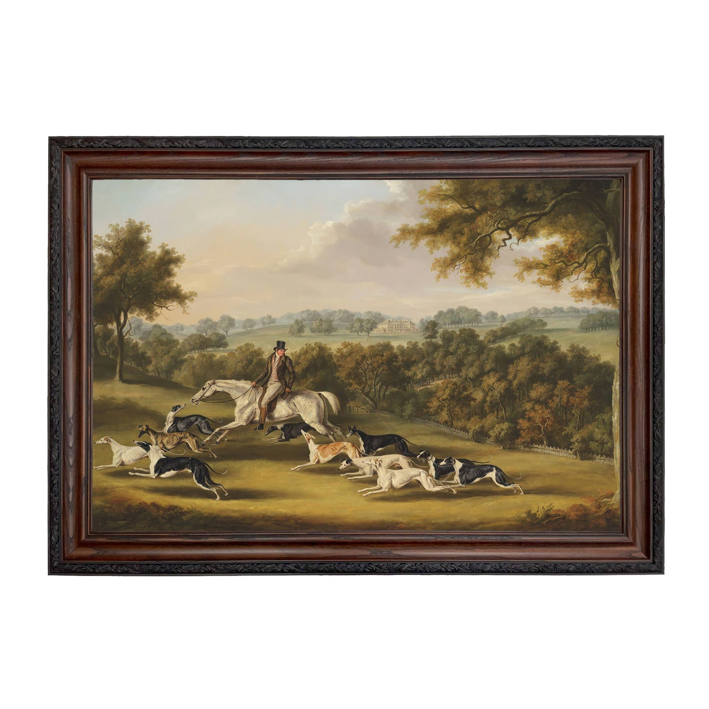 Horse & Hunter with Greyhounds by William Davis | Wall decor: Gold Florentine Leaf / 7″ x 11″