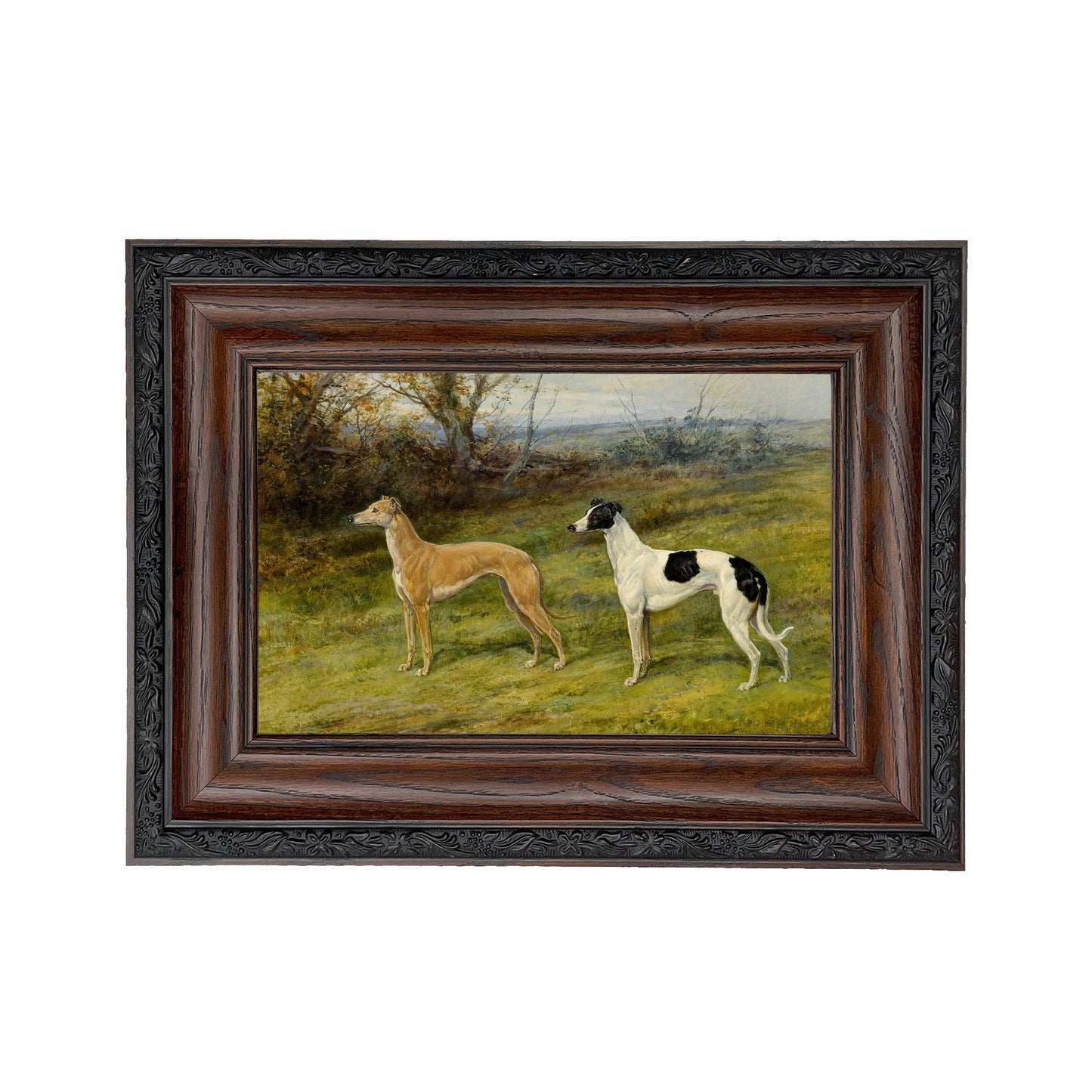 Two Greyhounds by Heywood Hardy Painting Print | Wall art: Ornate Antiqued Gold/Gesso / 7″ x 11″