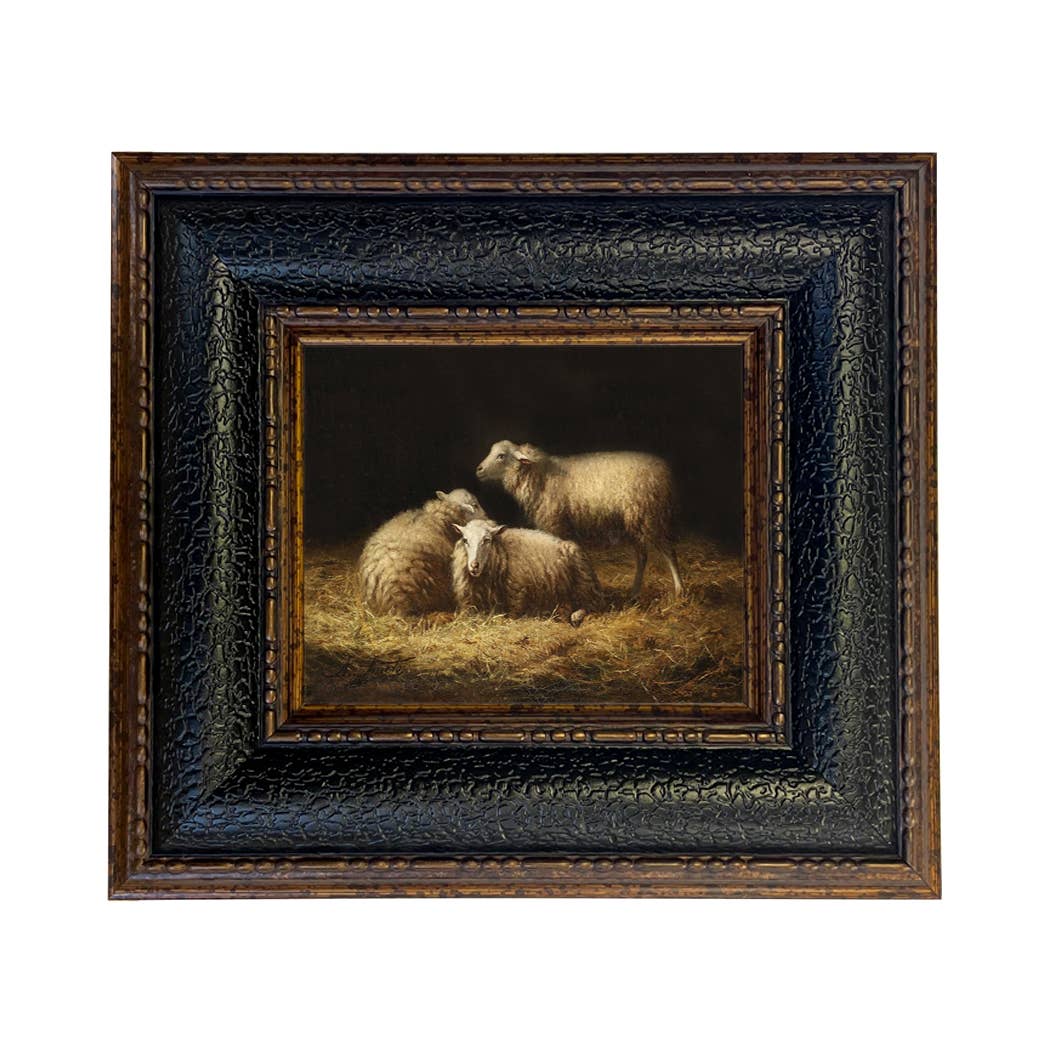 Sheep in the Hay Framed Painting Print on Canvas: Black Distressed / 5" x 6"