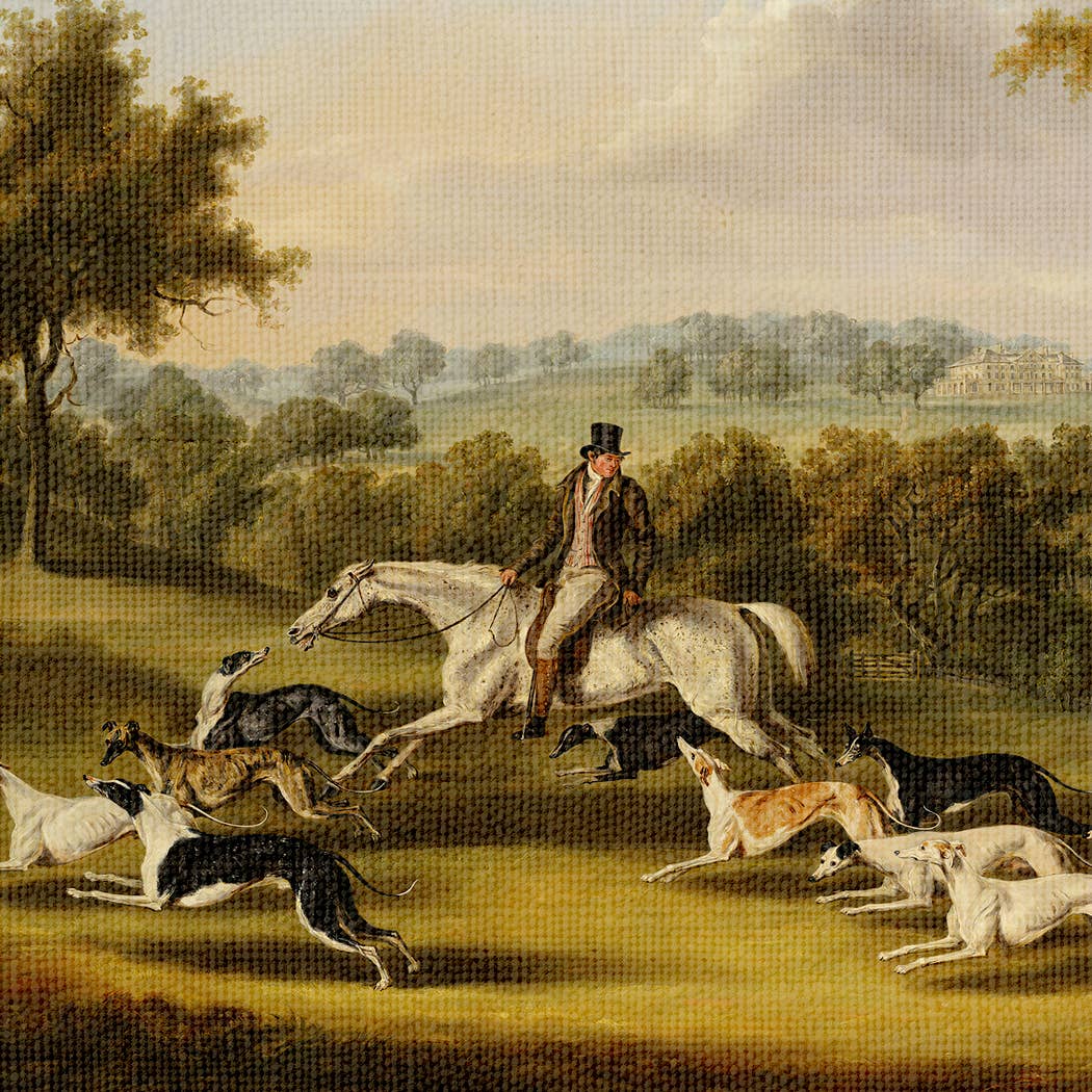Horse & Hunter with Greyhounds by William Davis | Wall decor: Gold Florentine Leaf / 7″ x 11″