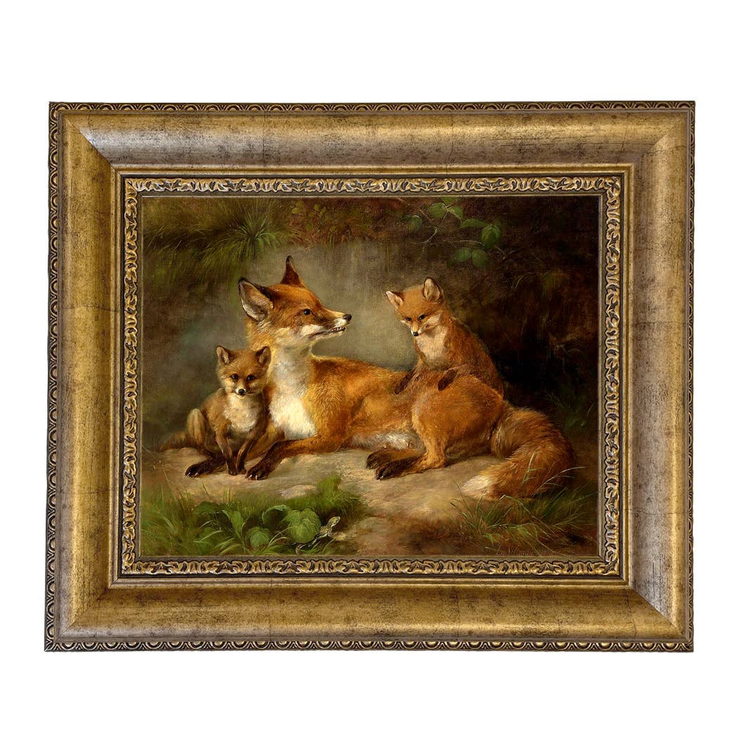 Family of Foxes Vintage Painting Print on Canvas Wall Art: Narrow Distressed Black/Copper-Bead / 5" x 6"