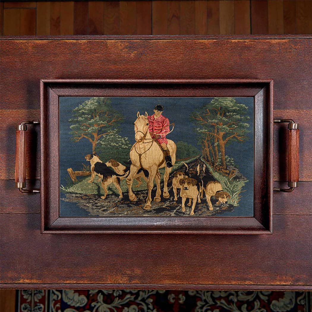 Fox Hunt Tapestry Wood and Glass Decorative Tray