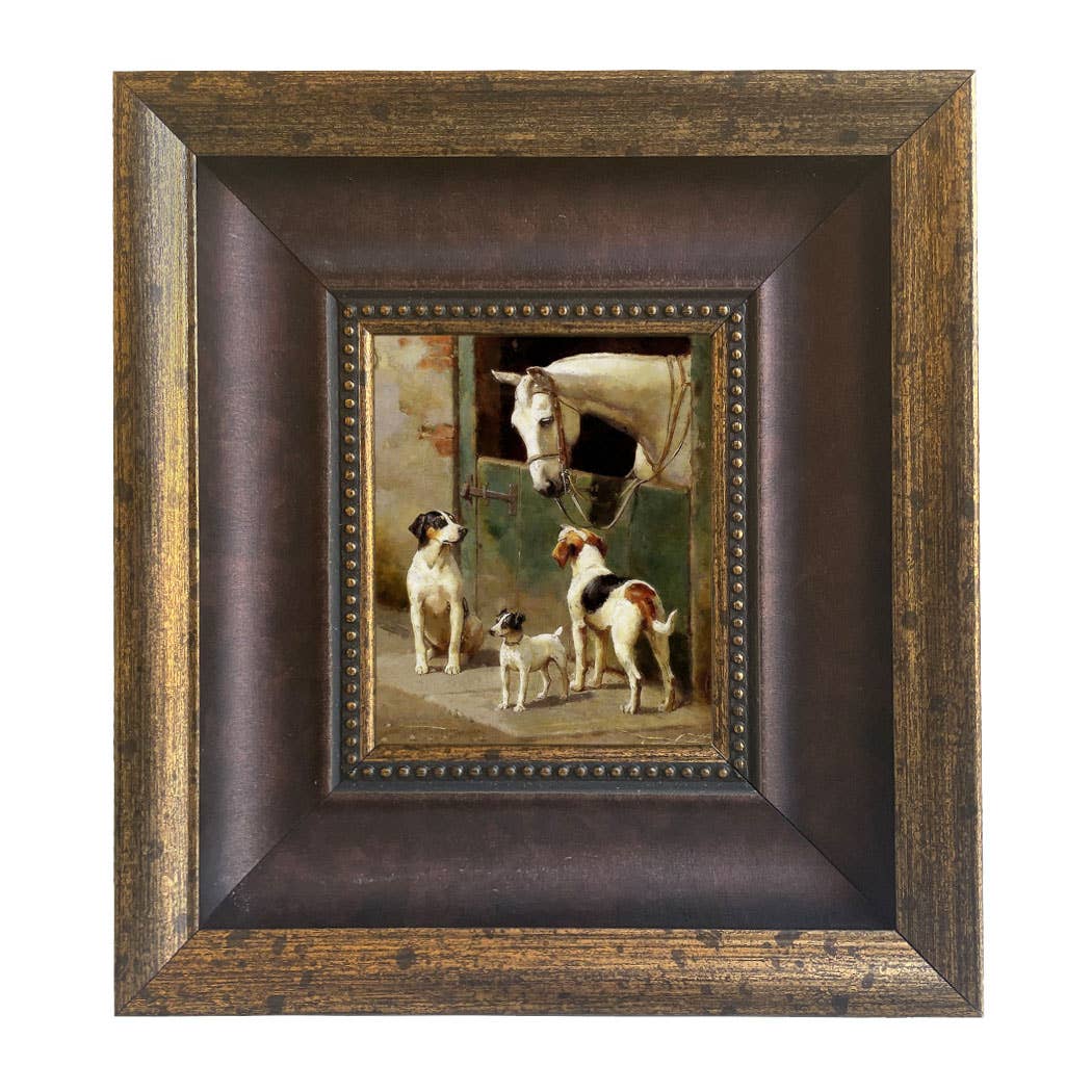 Dog and Horse at Stable Vintage Painting Print on Canvas: Leather-look Black/Antiqued Gold / 5" x 6"