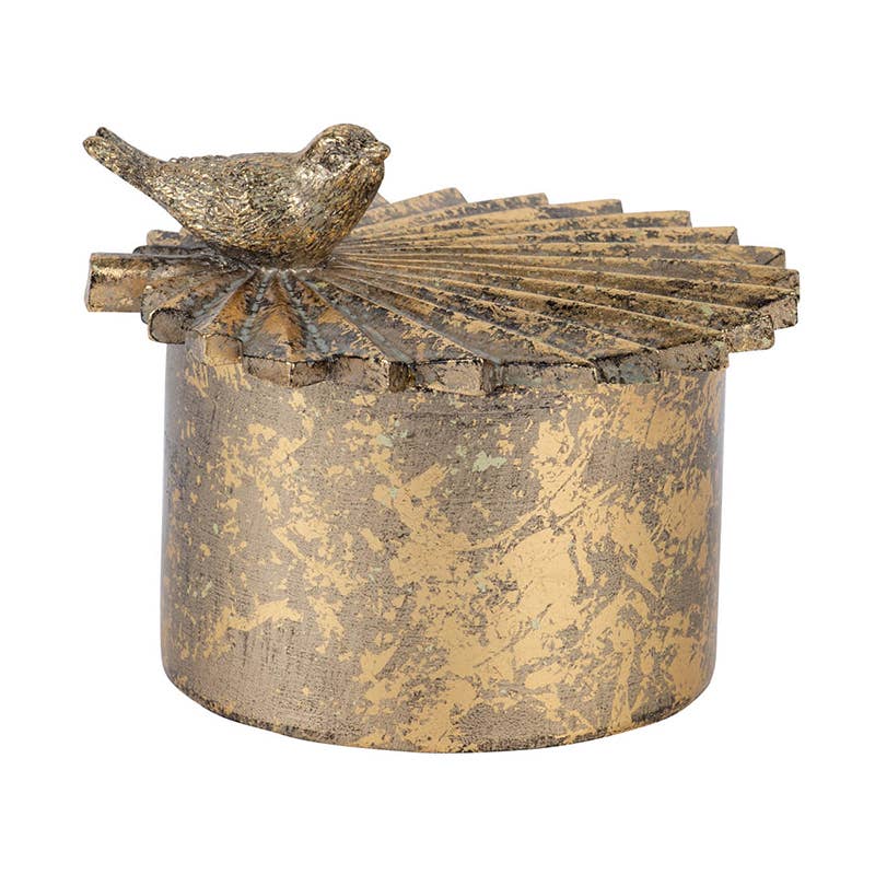 5x5x4" Resin Antique Gold Trinket Box with Bird Accents
