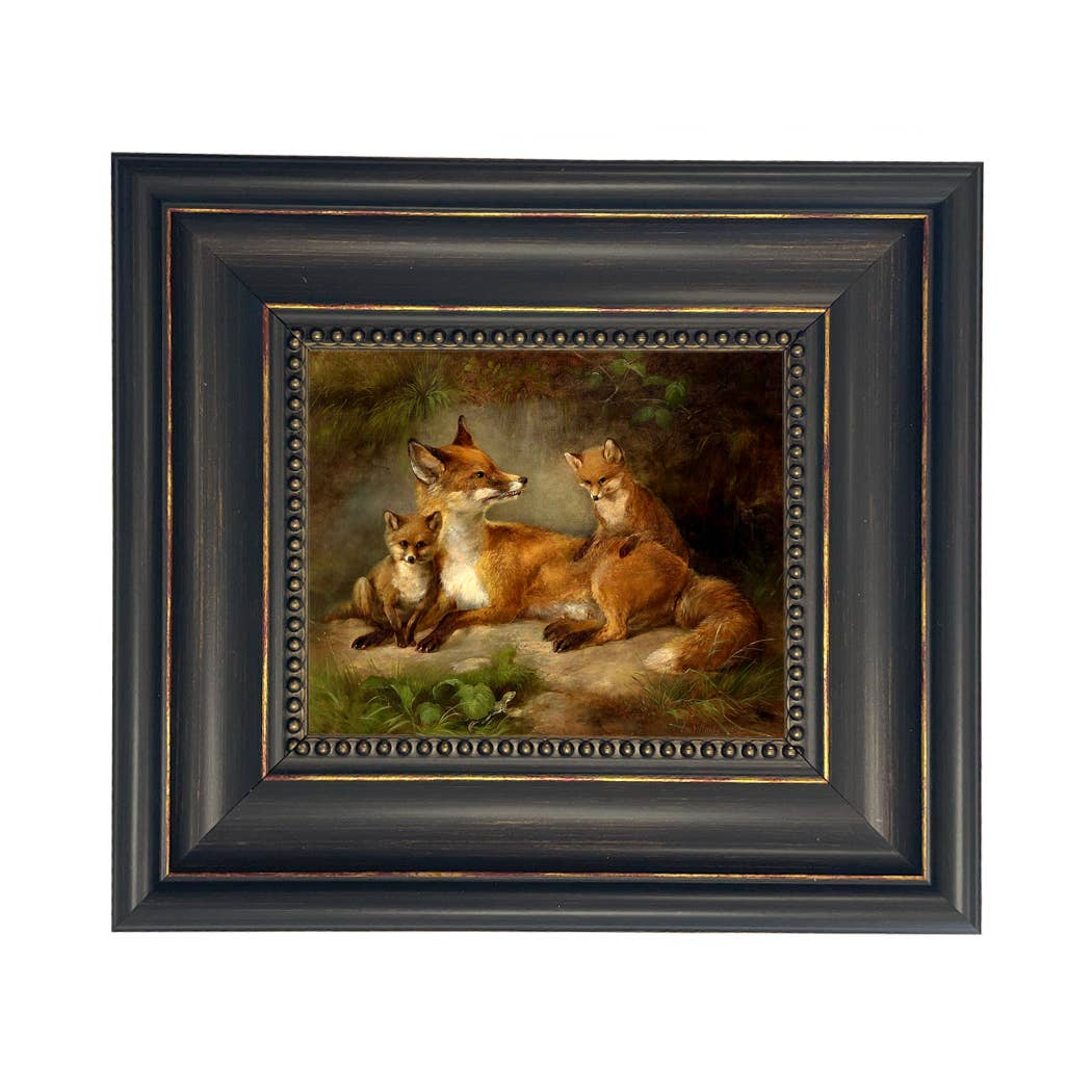 Family of Foxes Vintage Painting Print on Canvas Wall Art: Black Distressed / 5" x 6"