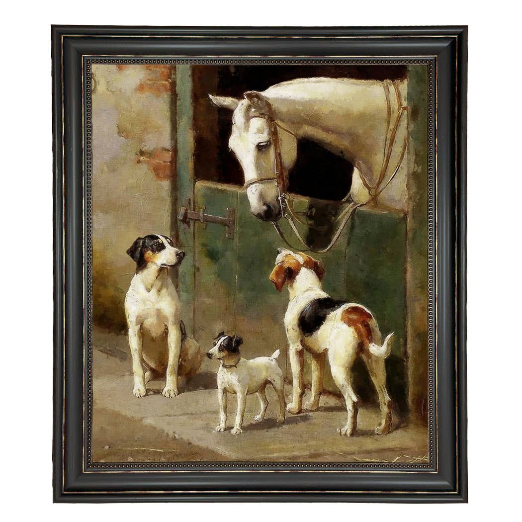 Dog and Horse at Stable Vintage Painting Print on Canvas: Wide Distressed Black/Copper-Bead / 8" x 10"