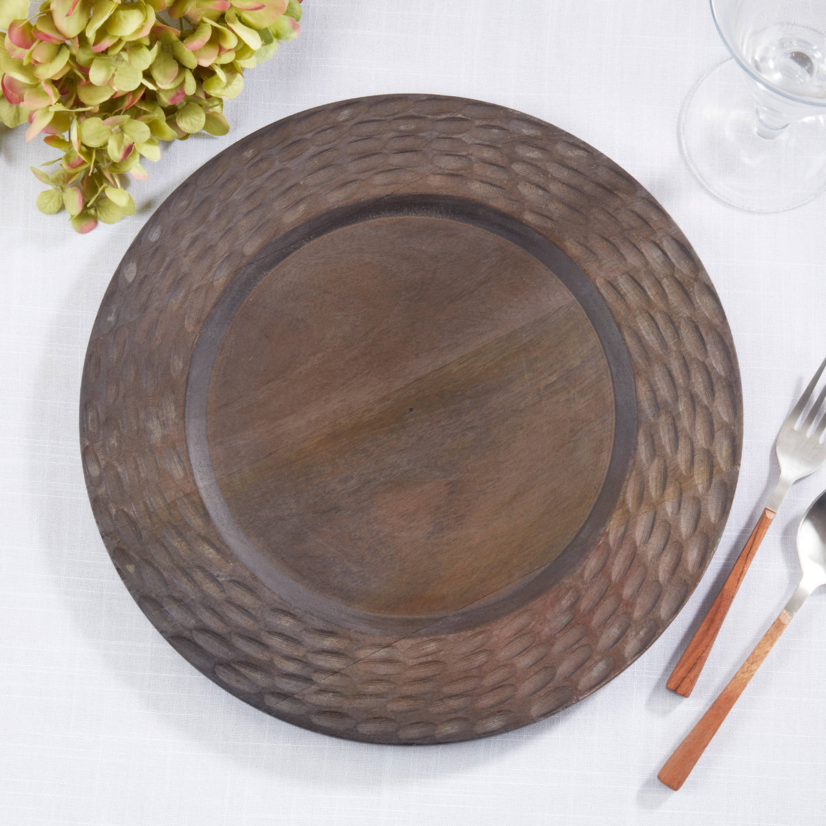 Textured Mango Wood Decorative Rustic Charger Plates: Brown / 13"