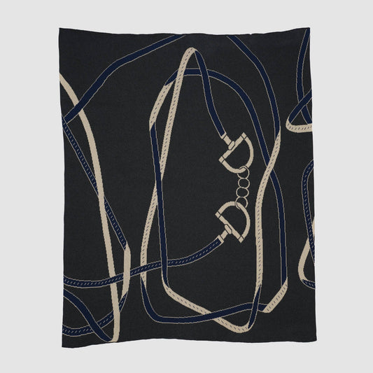 Cotton Sustainable Knit Patterned Throw Blanket - Equestrian Tack: Grey