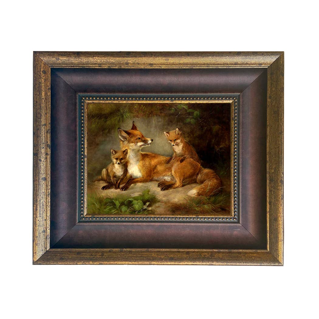Family of Foxes Vintage Painting Print on Canvas Wall Art: Narrow Distressed Black/Copper-Bead / 5" x 6"