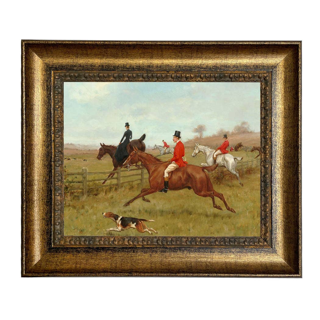 The Chase, Fox Hunting Vintage Painting Print : Antiqued Gold / 5" x 6"