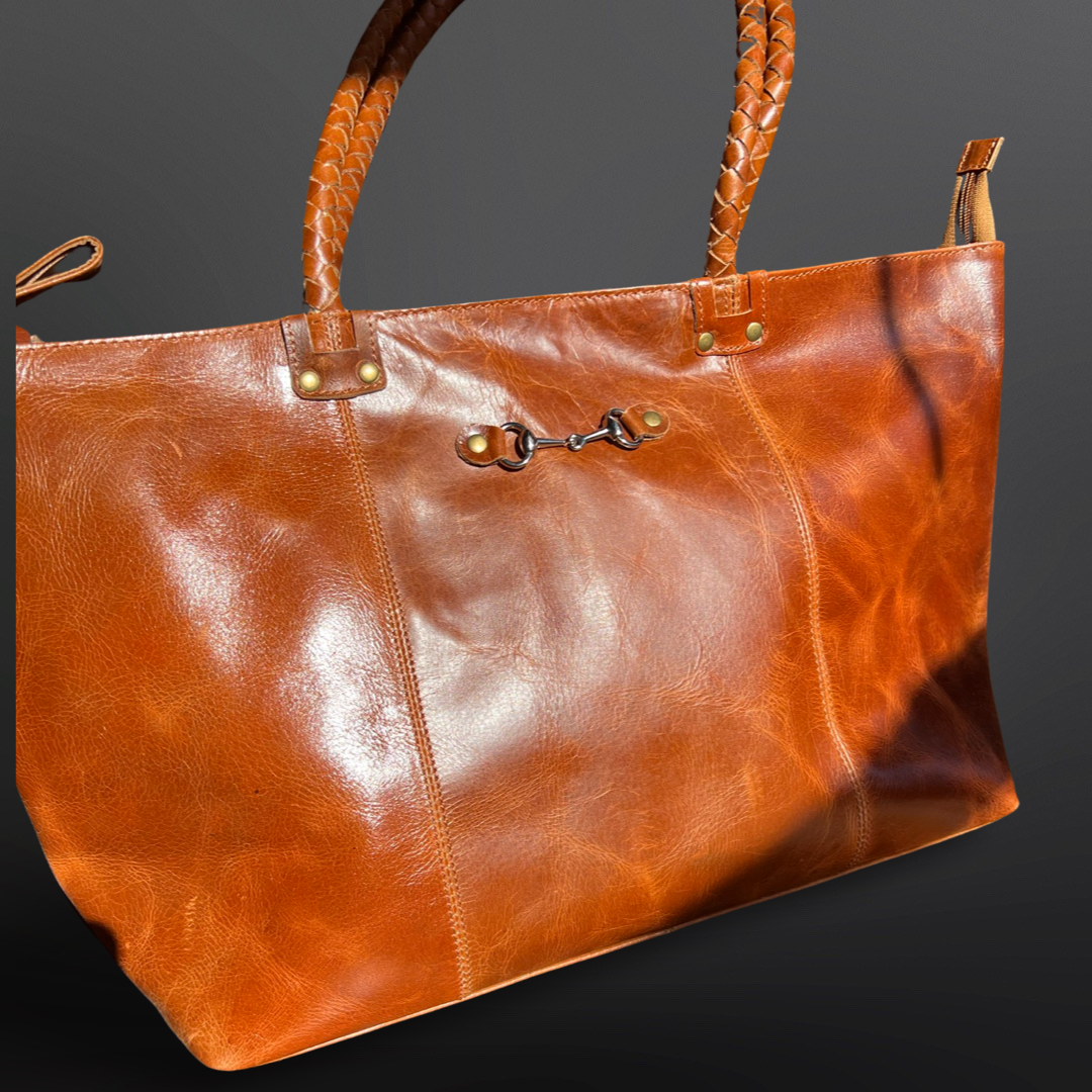 Equestrian Snaffle Bit Newmarket Leather Tote Bag Purse: Distressed Oakbark