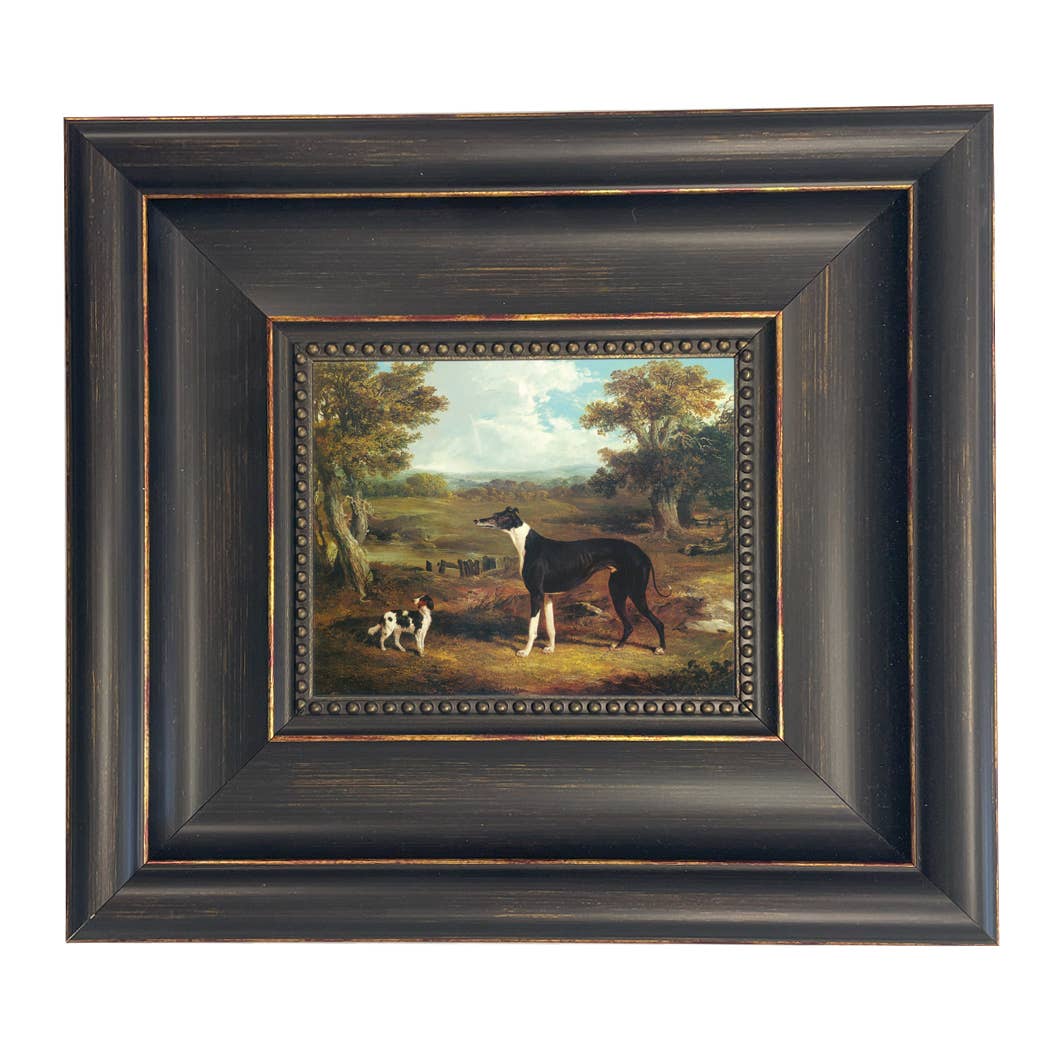 Greyhound and King Charles Spaniel Painting Print on Canvas: Wide Distressed Black/Copper-Bead / 5" x 6"