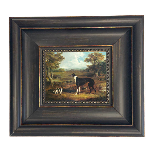 Greyhound and King Charles Spaniel Painting Print on Canvas: Wide Distressed Black/Copper-Bead / 5" x 6"