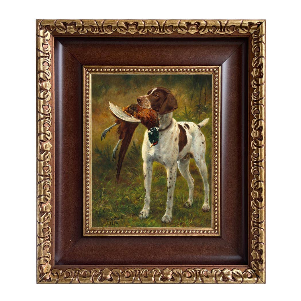 English Pointer with Pheasant Painting Print on Canvas: Distressed Black / 5" x 6"