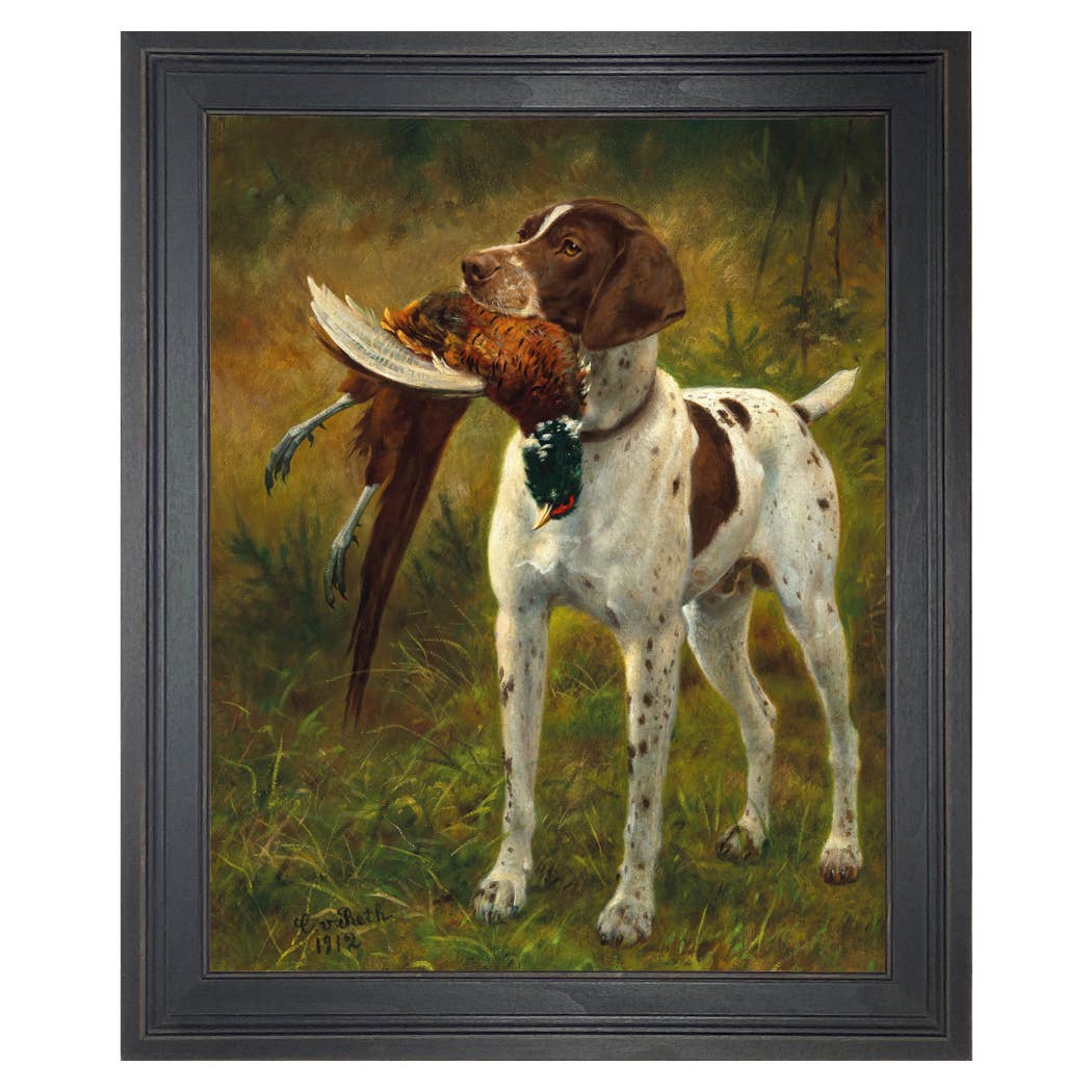 English Pointer with Pheasant Painting Print on Canvas: Distressed Black / 5" x 6"