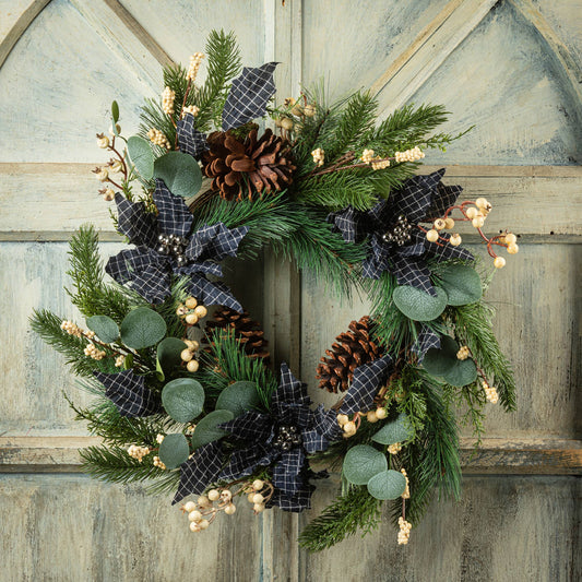 Cross Check Pointsettia Wreath With Pine Cones