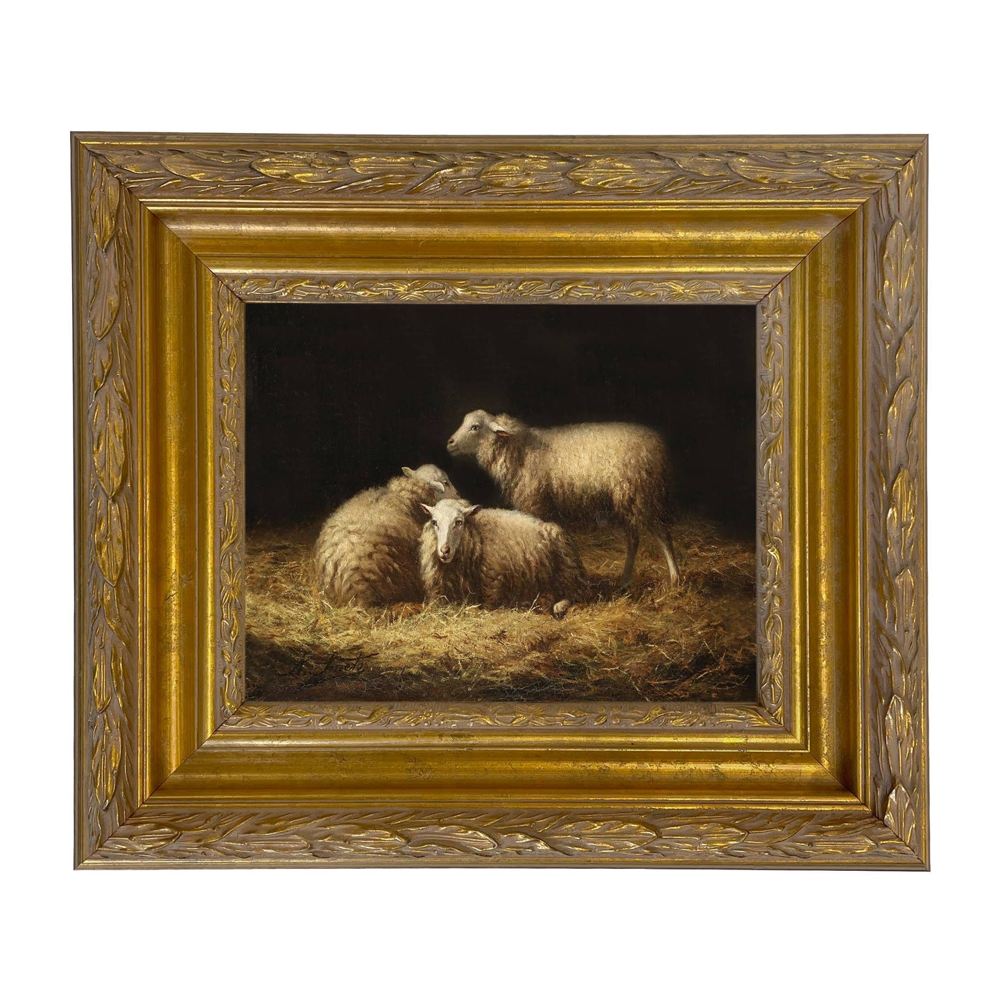 Sheep in the Hay Framed Painting Print on Canvas: Black Distressed / 5" x 6"