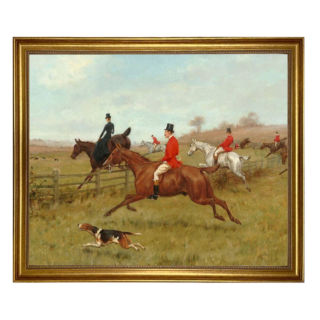 The Chase, Fox Hunting Vintage Painting Print : Antiqued Gold / 5" x 6"
