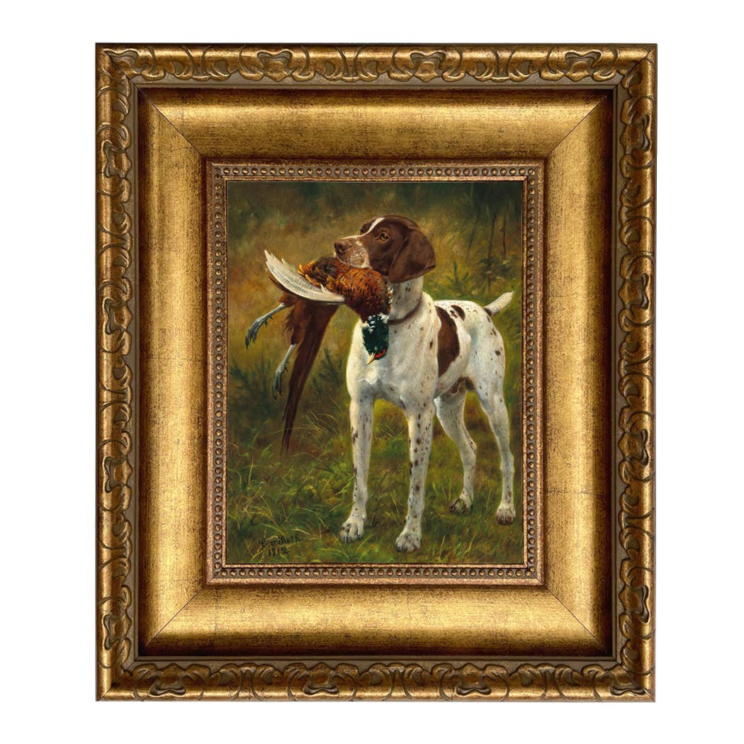 English Pointer with Pheasant Painting Print on Canvas: Distressed Black / 5" x 6"