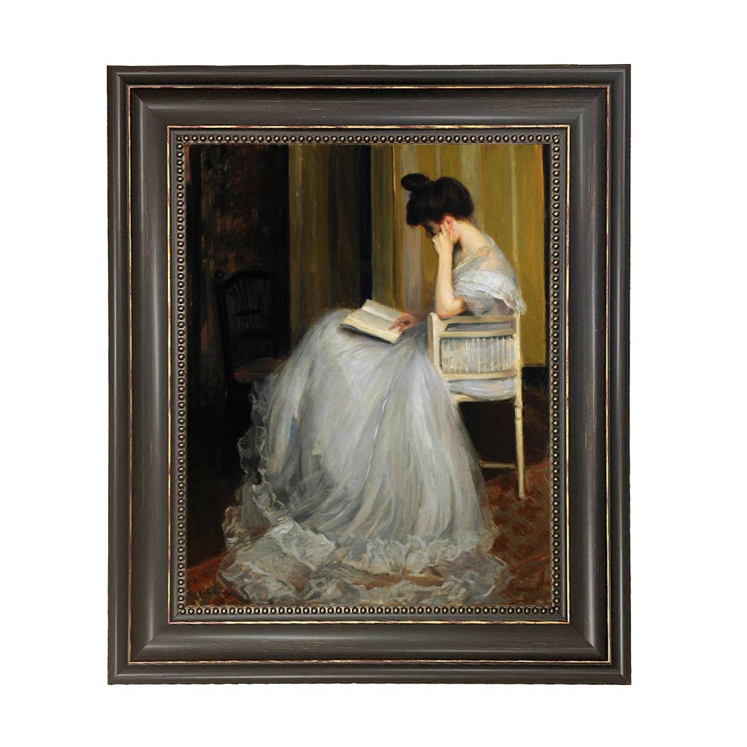 Woman Reading | Vintage Framed Painting Print on Canvas: Antiqued Gold / 5" x 6"