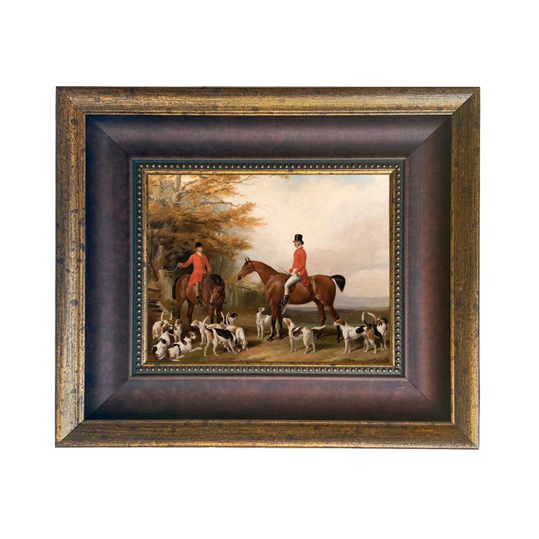 The Meeting Fox Hunt Scene Vintage Painting Print on Canvas: Gold Florentine Leaf / 8" x 10"