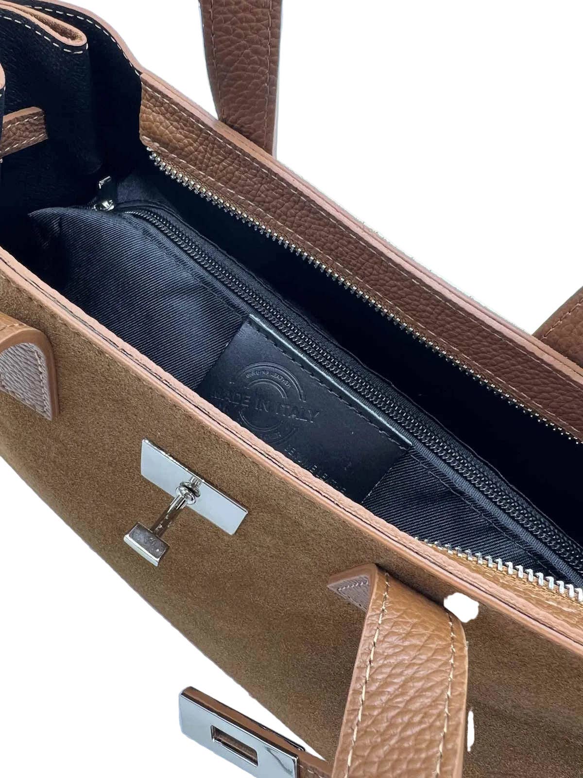 Suede and Genuine Leather Handbag with Crossbody Strap,  Made in Italy, art. 112782: Brown