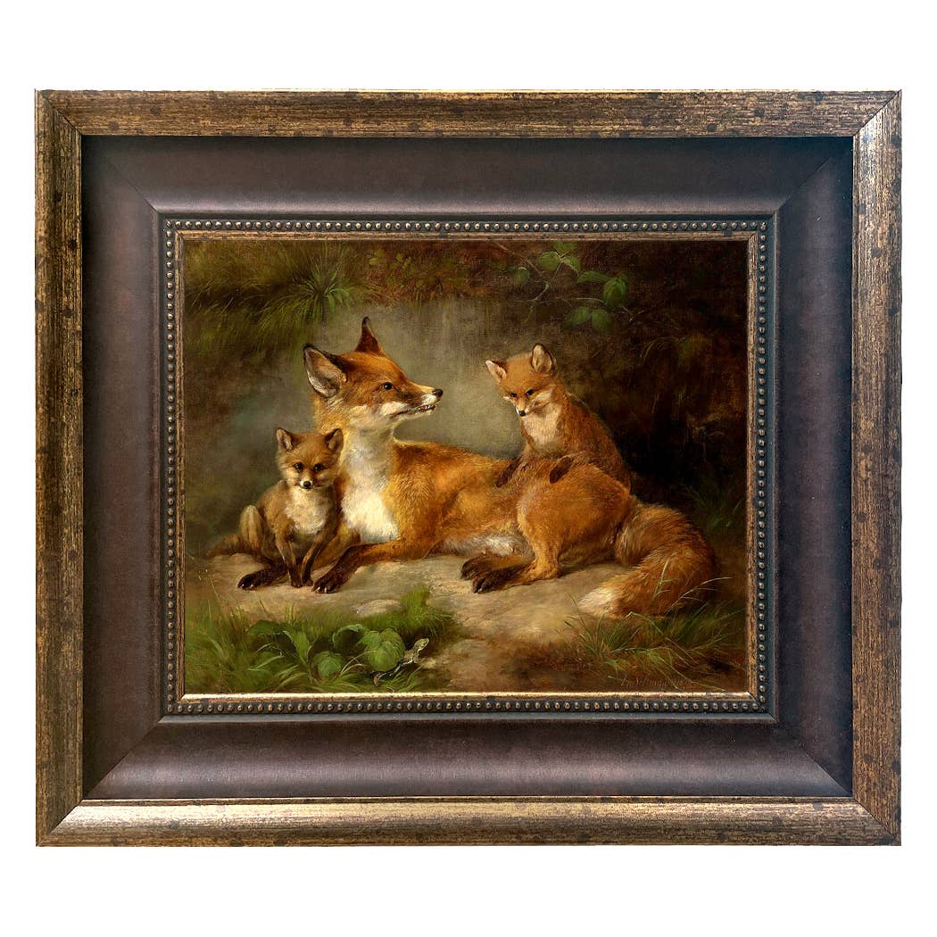 Family of Foxes Vintage Painting Print on Canvas Wall Art: Narrow Distressed Black/Copper-Bead / 5" x 6"