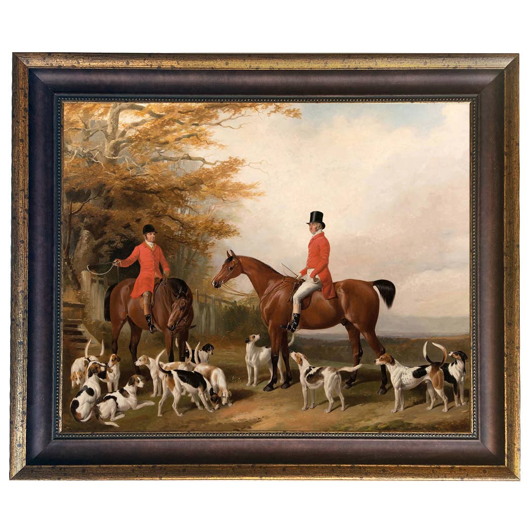 The Meeting Fox Hunt Scene Vintage Painting Print on Canvas: Gold Florentine Leaf / 8" x 10"