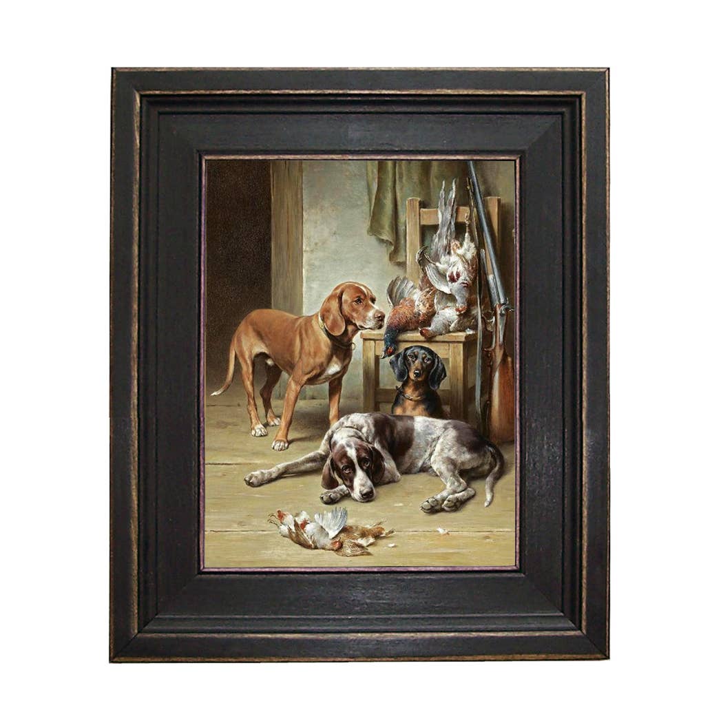 Hounds and Game Vintage Framed Painting Print on Canvas: 5" x 6"