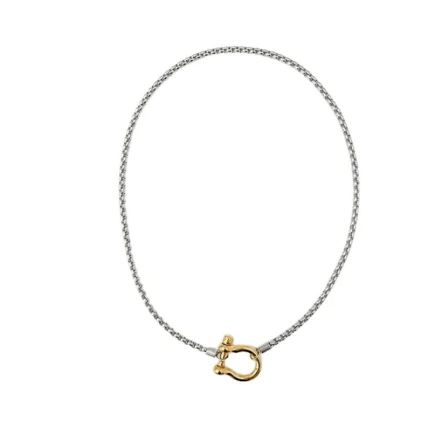 Carabiner horse Bit- Charm-Wheat Chain Stainless Necklace: Yellow Gold