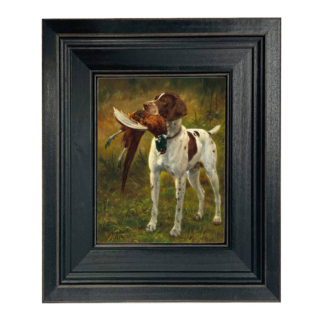 English Pointer with Pheasant Painting Print on Canvas: Distressed Black / 5" x 6"