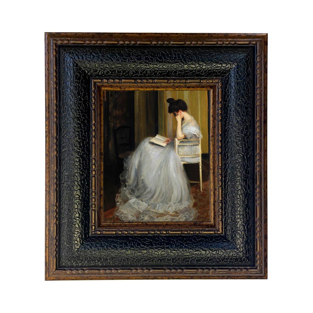 Woman Reading | Vintage Framed Painting Print on Canvas: Antiqued Gold / 5" x 6"