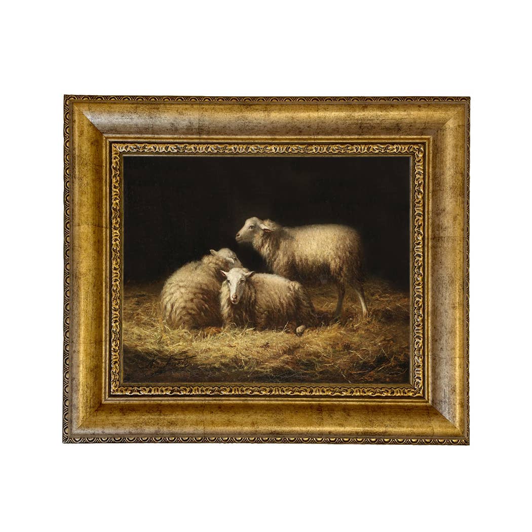 Sheep in the Hay Framed Painting Print on Canvas: Black Distressed / 5" x 6"