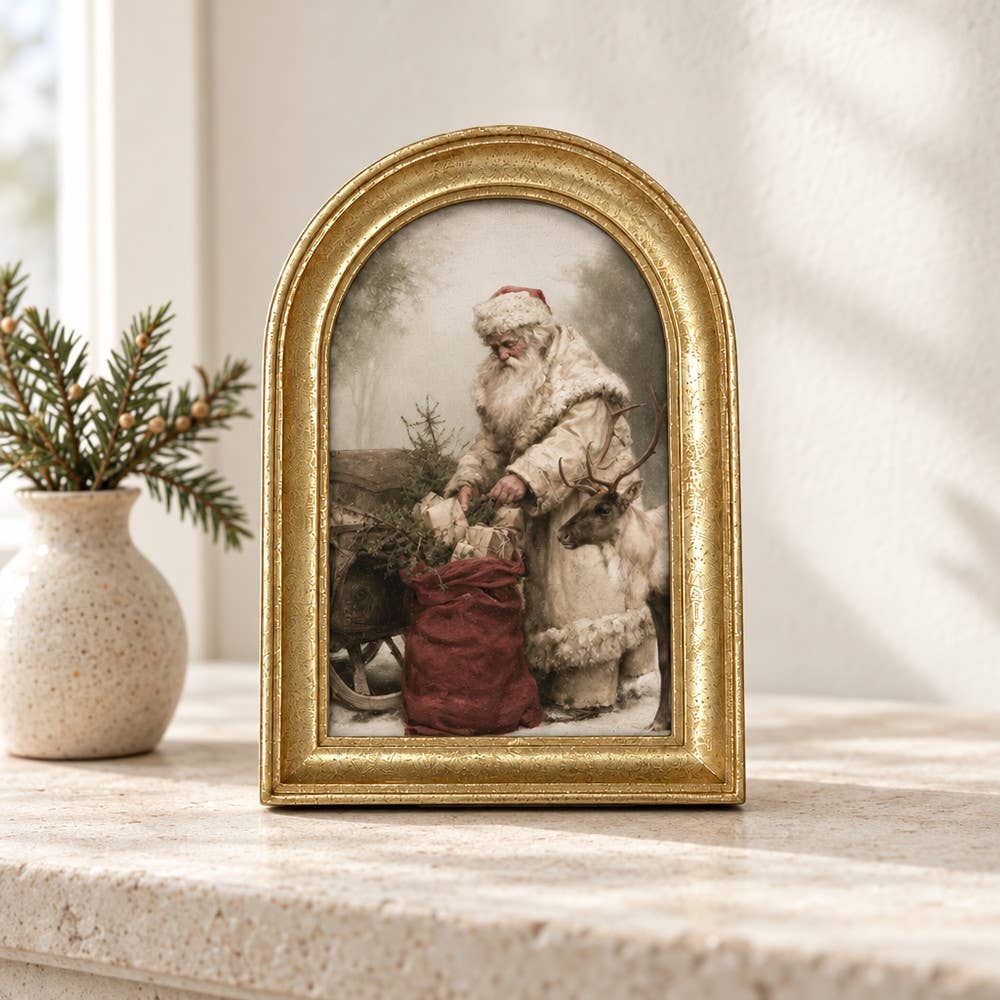 Gold Arch Framed Old World Santa Packing Sleigh Art Print