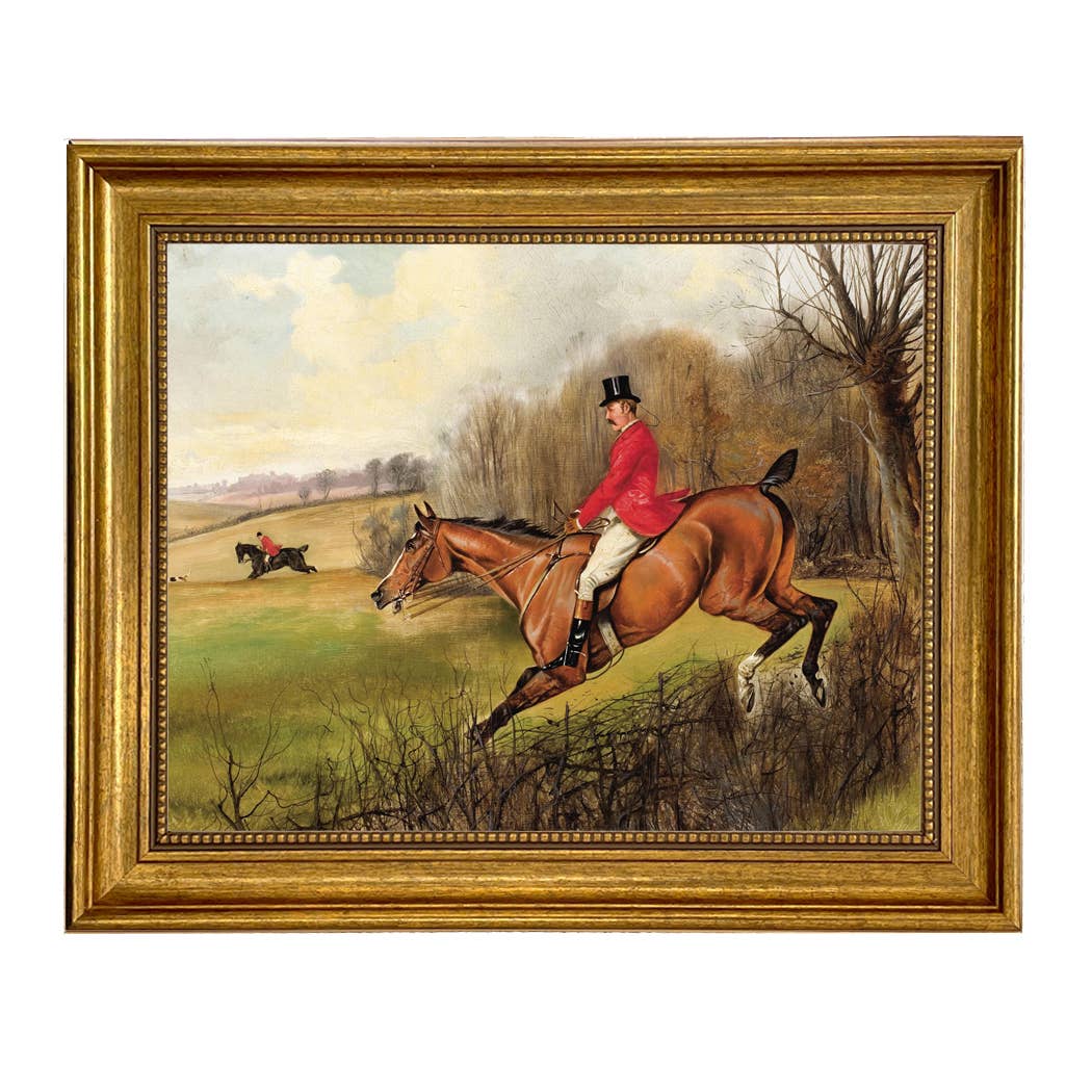 Over the Hedge Fox Hunt Scene Vintage Painting Print on Canvas: 5" x 6"