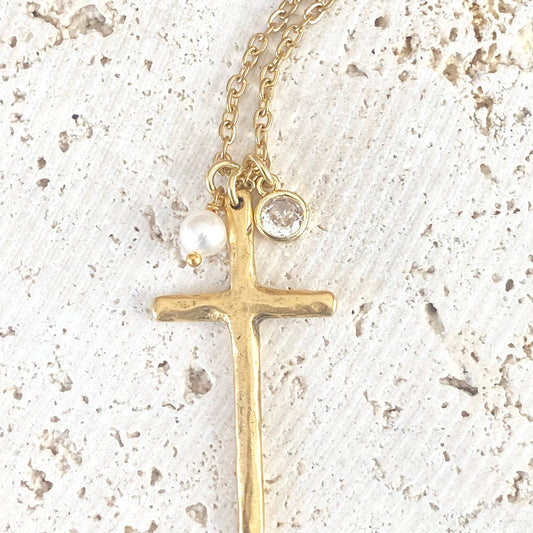 Cross necklace religious jewelry rustic pearl non tarnishing: Gold