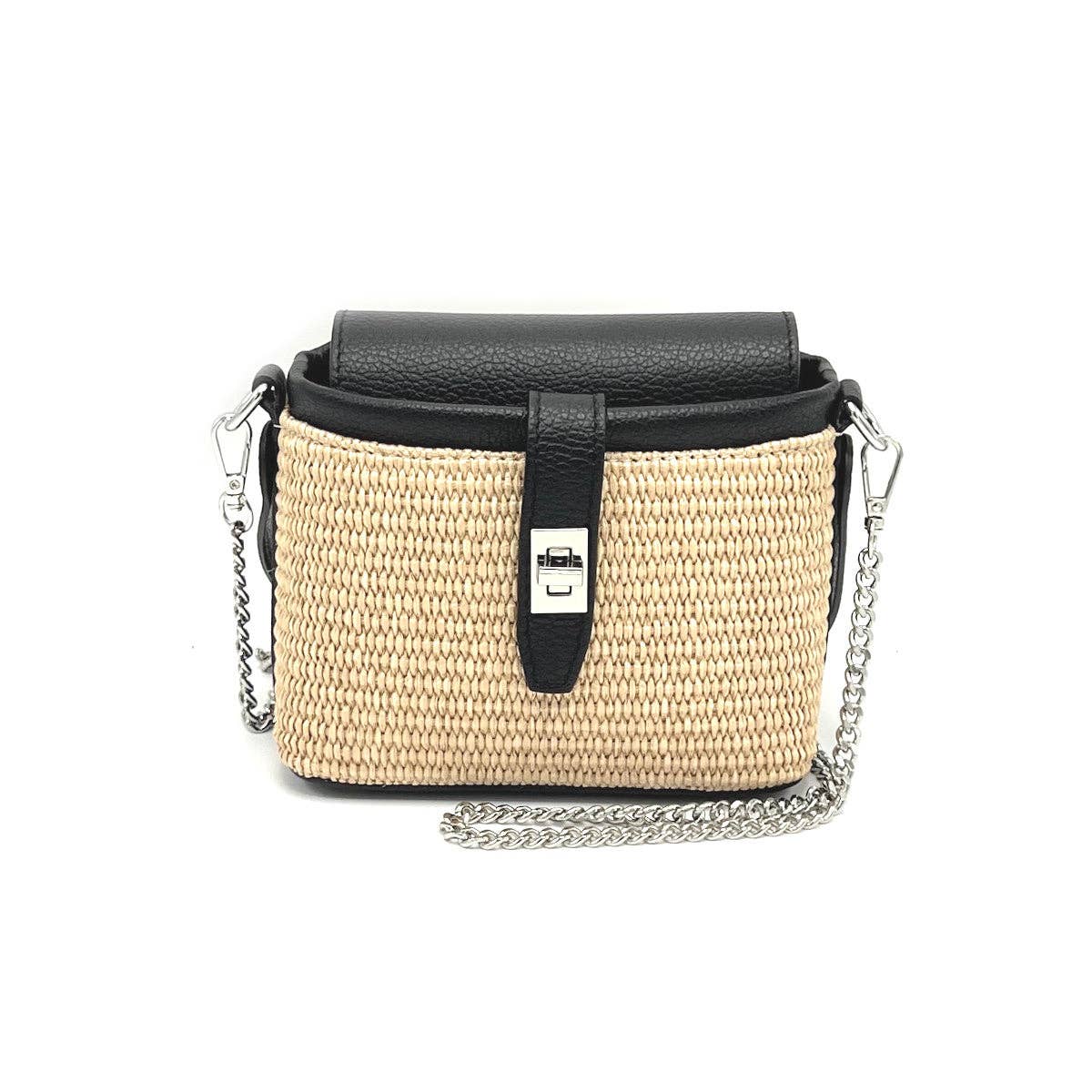 Summer collection, raffia and leather mini chain bag, Made in Italy, art. 112475: Camel