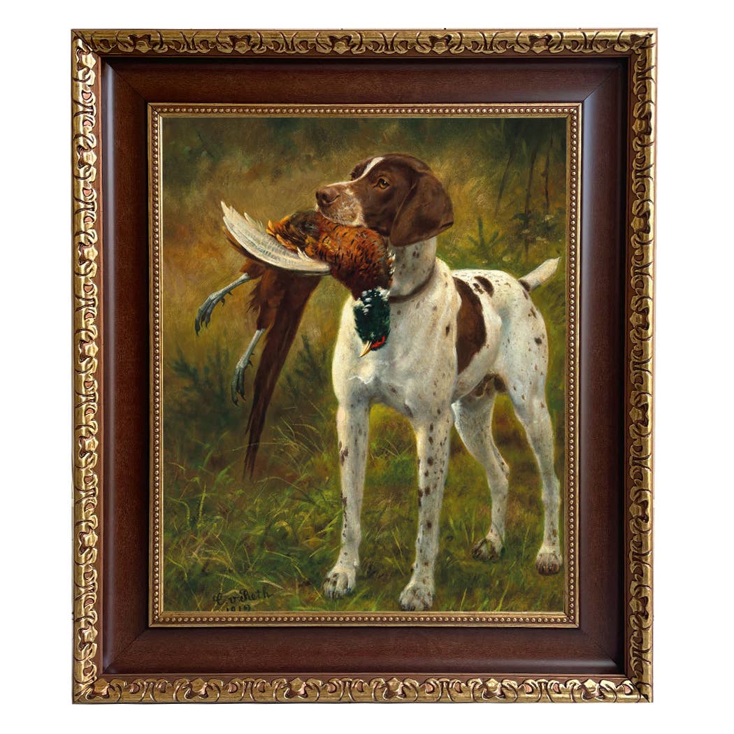 English Pointer with Pheasant Painting Print on Canvas: Distressed Black / 5" x 6"