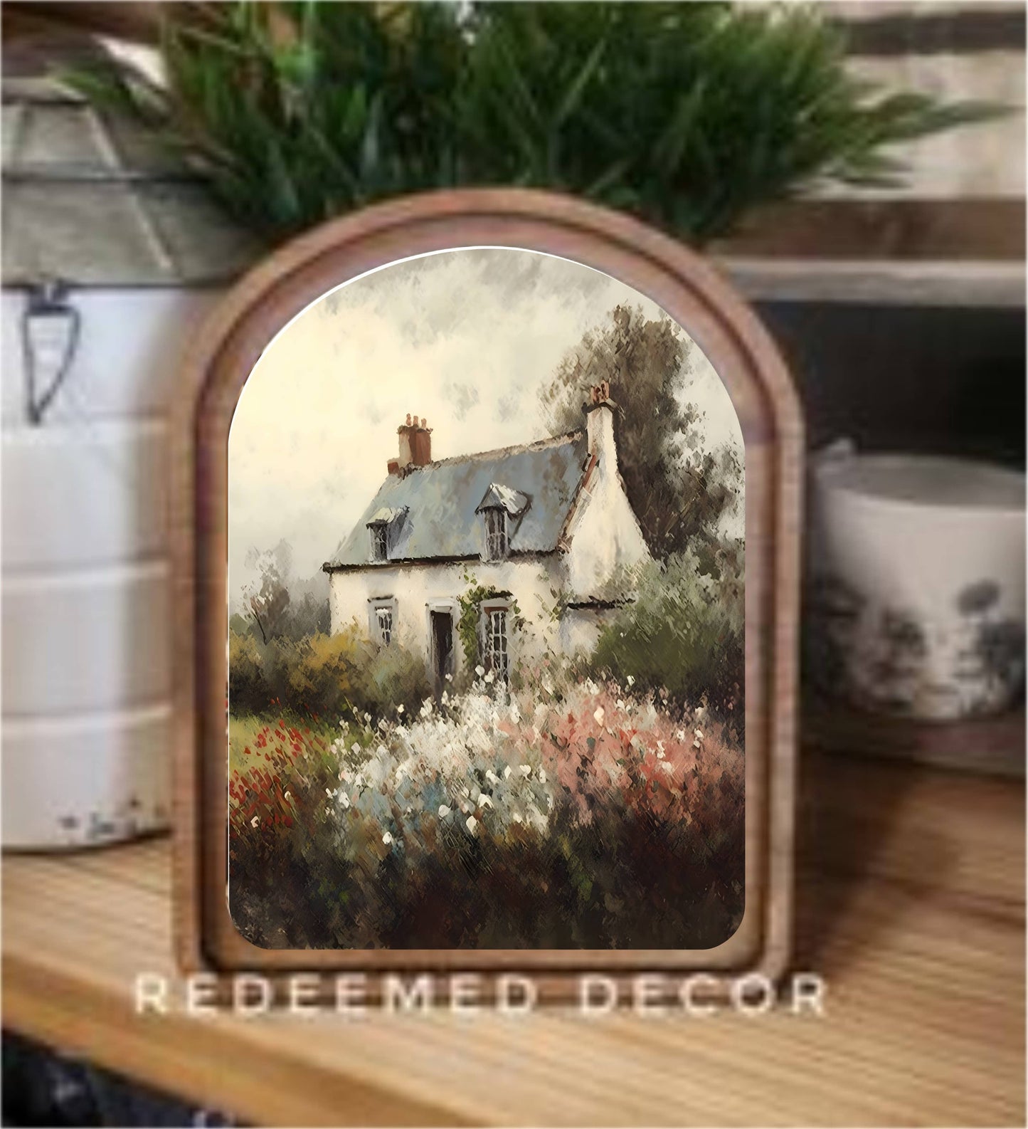 Arch Top Spring Cottage Painting Framed Art : 6x8"