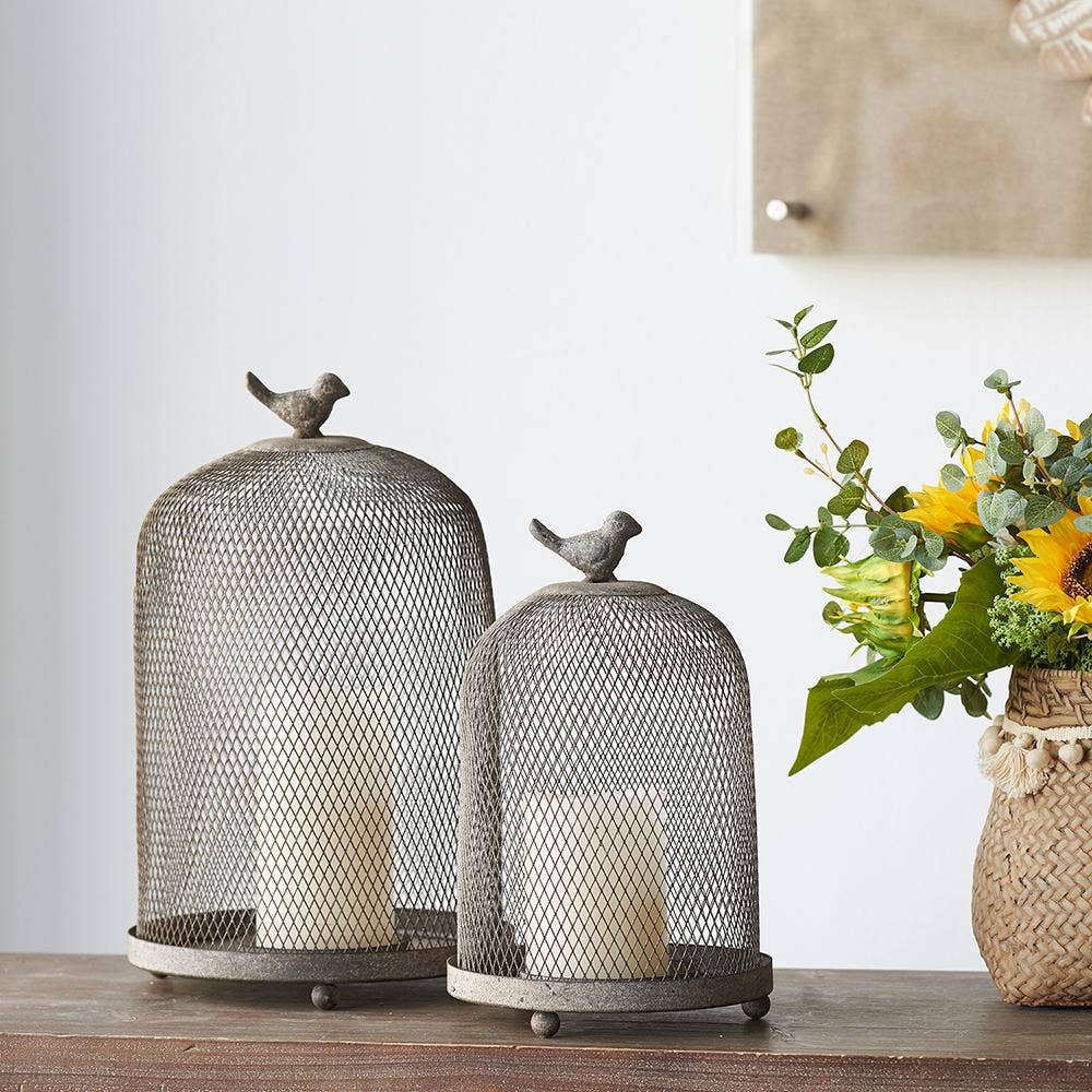 S/2 Sparrow Antique Mesh Candle Holders - Gray