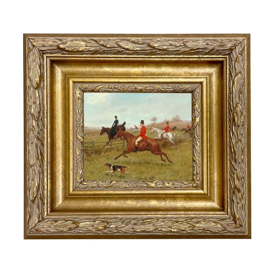 The Chase, Fox Hunting Vintage Painting Print : Antiqued Gold / 5" x 6"