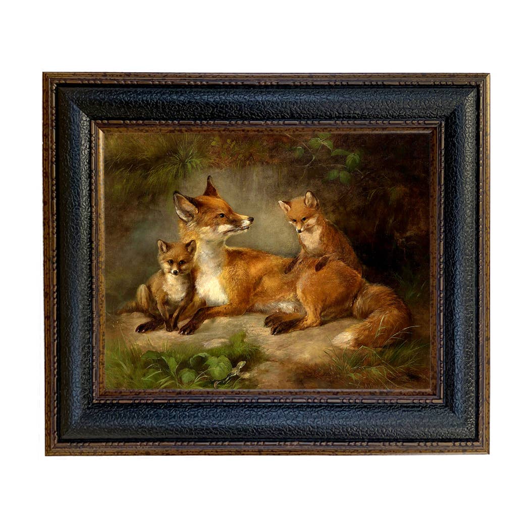 Family of Foxes Vintage Painting Print on Canvas Wall Art: Narrow Distressed Black/Copper-Bead / 5" x 6"