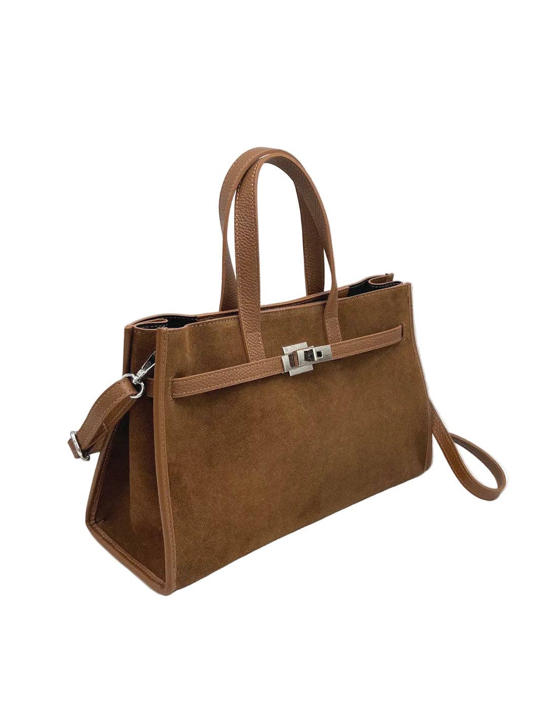 Suede and Genuine Leather Handbag with Crossbody Strap,  Made in Italy, art. 112782: Brown